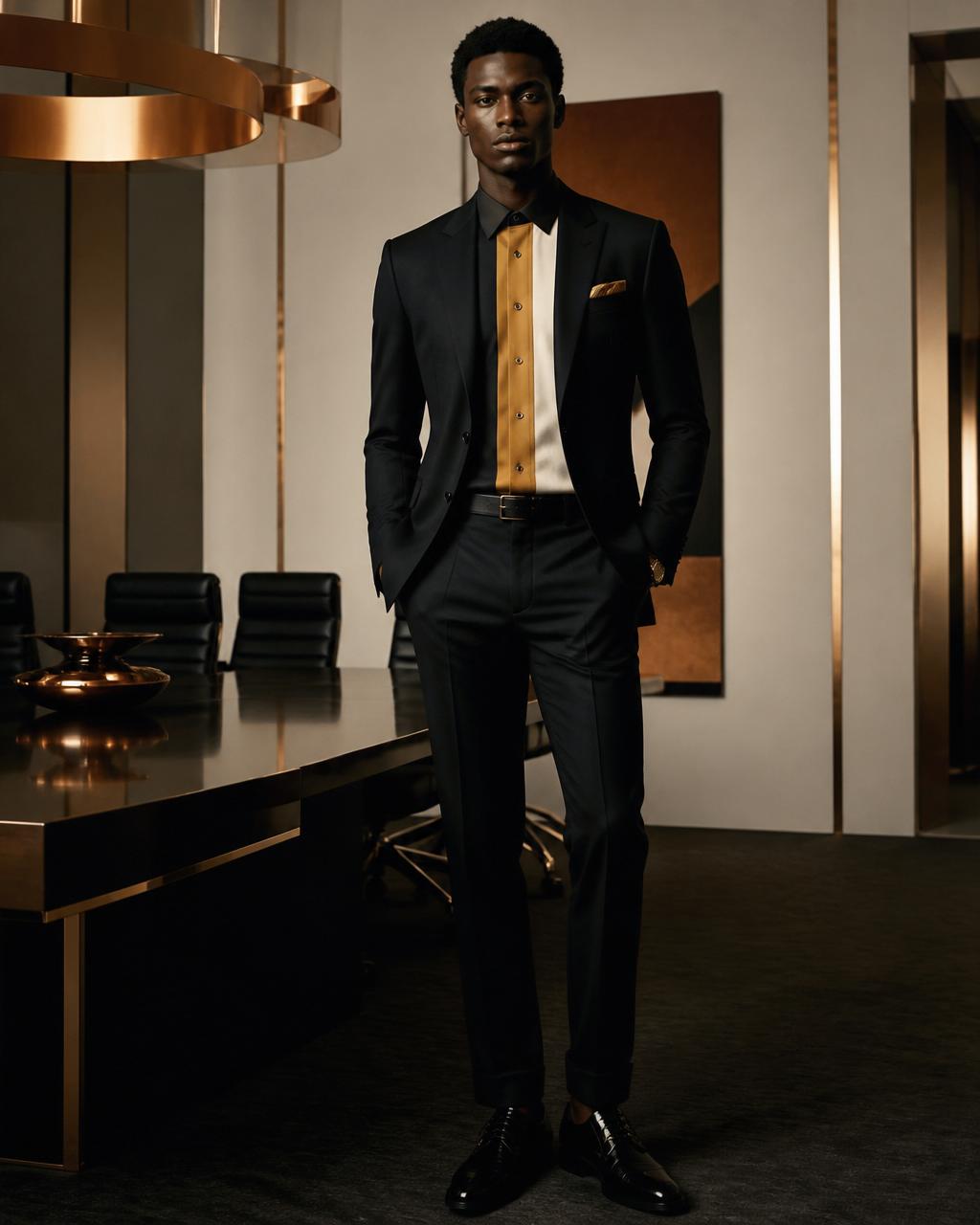 Menswear look — color blocked shirt